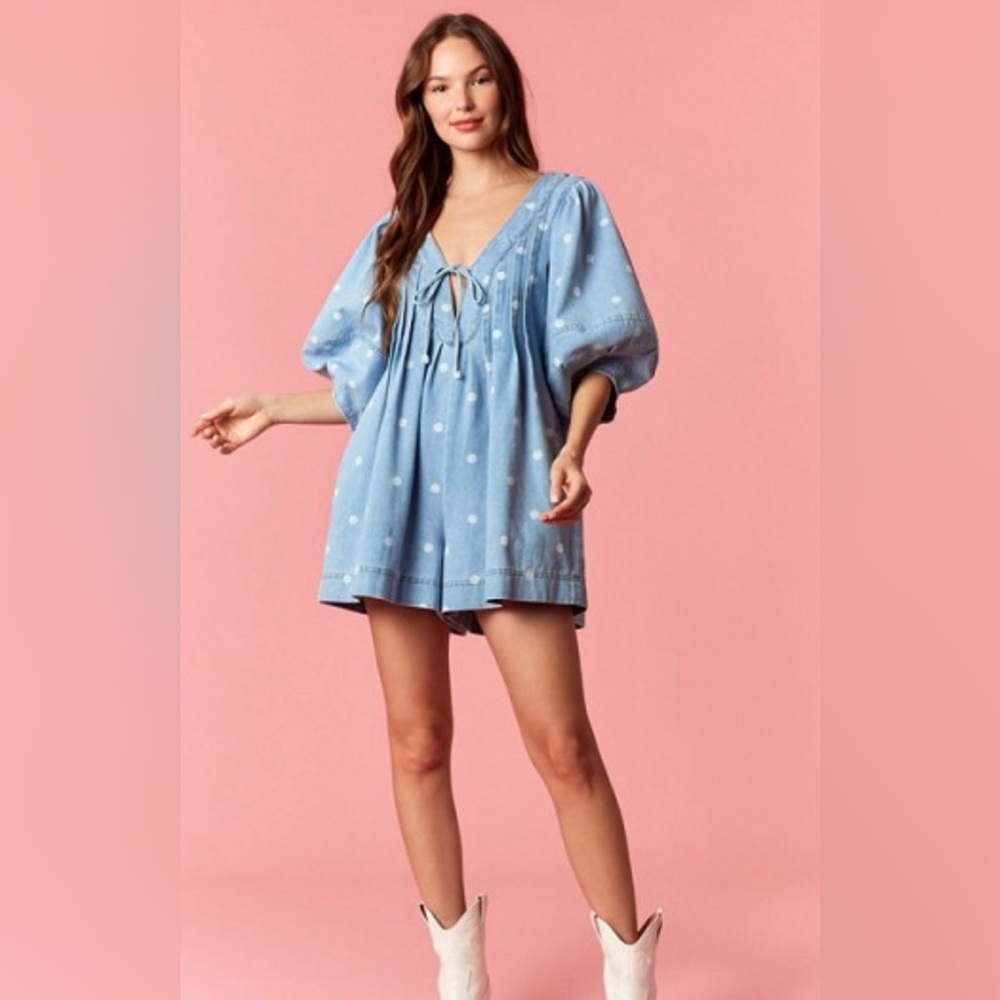 Peach Love Blue Polka Dot Tie-Front Romper - Picture 3 of 6